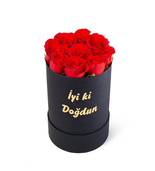 İyi Ki Doğdun Yazılı Siyah Silindir Kutuda Kırmızı Gül